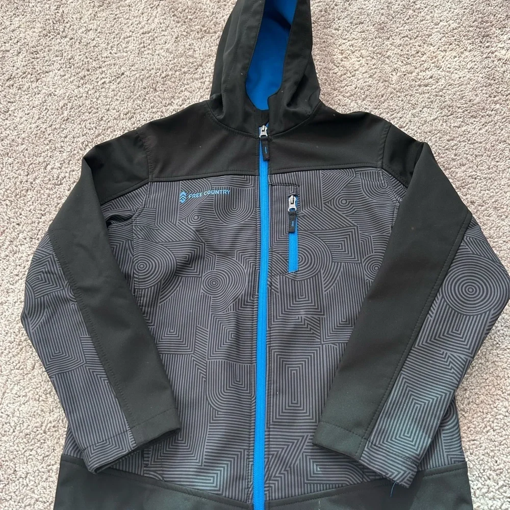 Free Country Black and Blue Patterned Performance Jacket w Hood Size L Youth